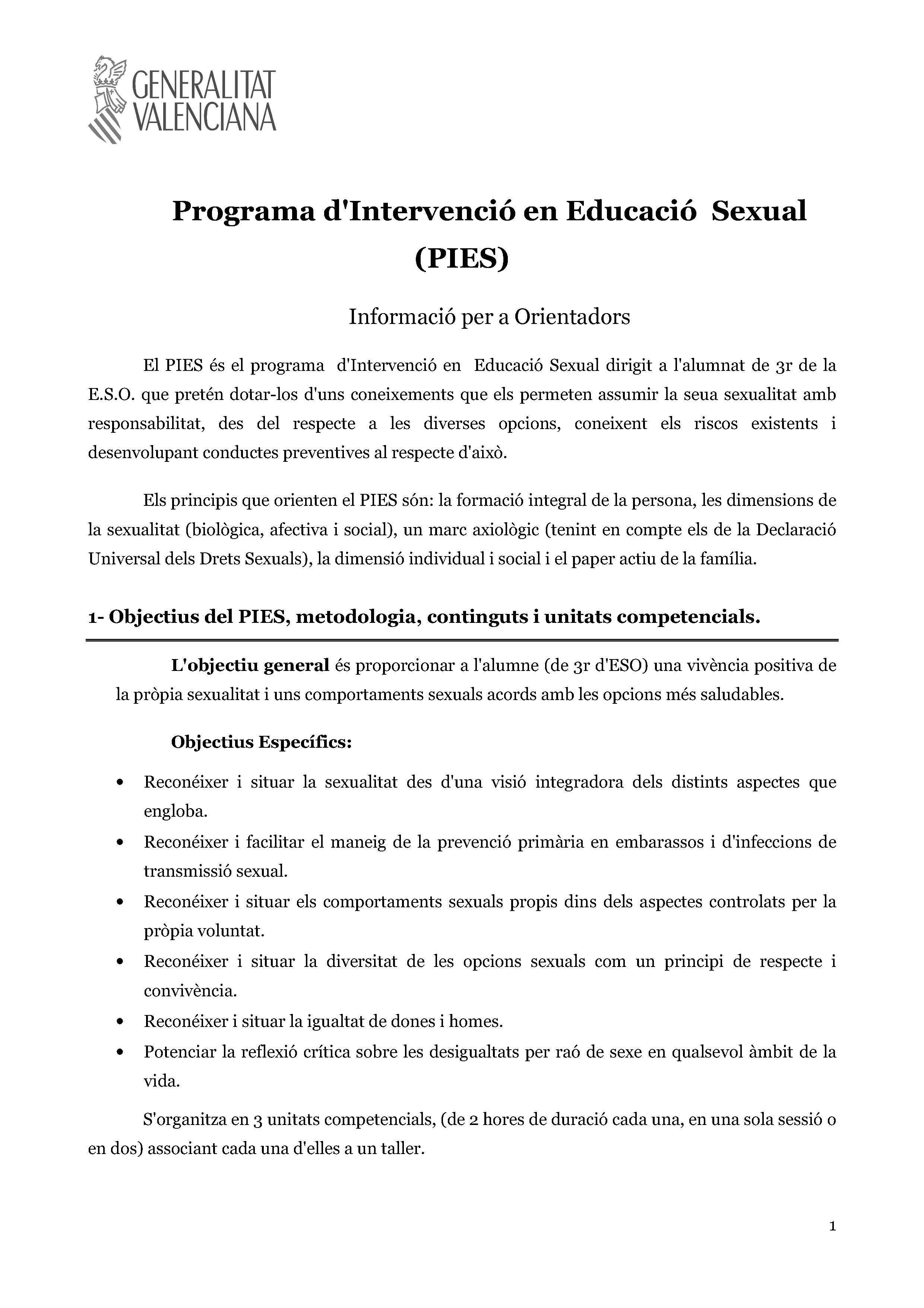 Programa Dintervenció En Educació Sexual Pies Informació Per A Orientadors Programa De 4817